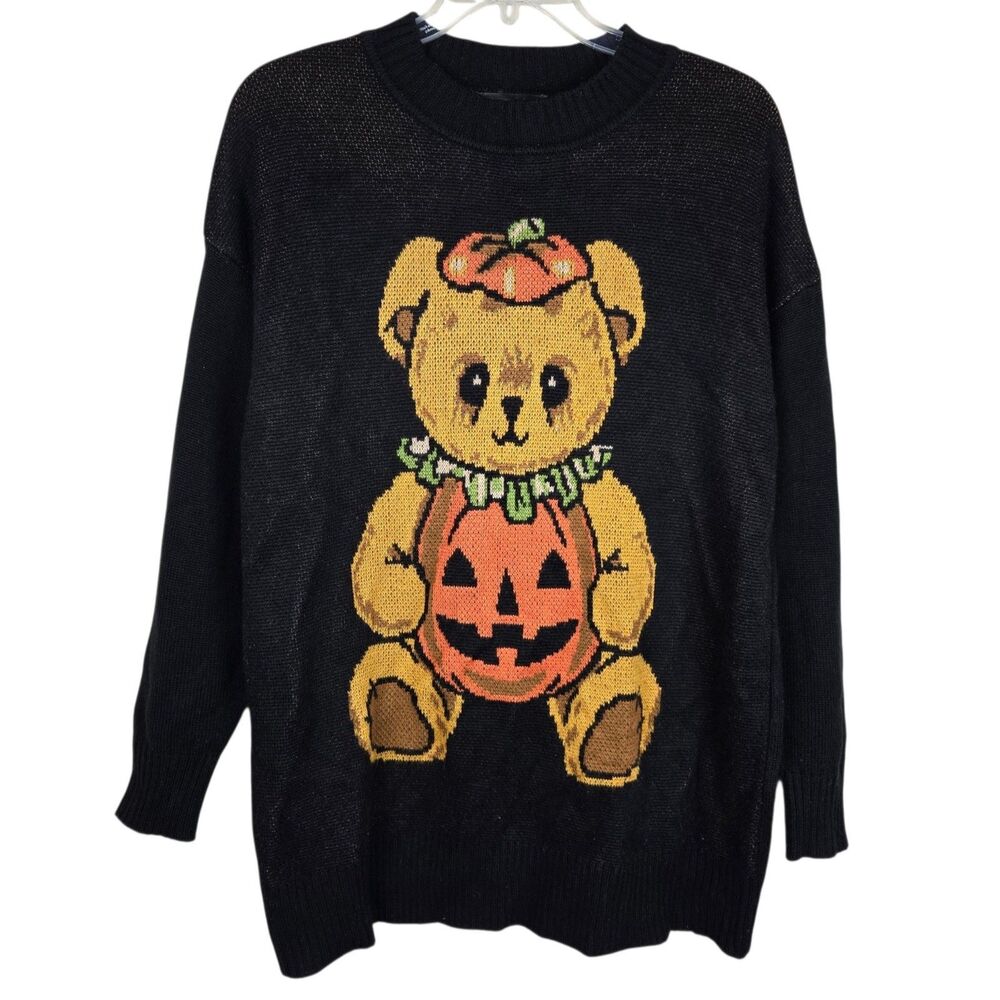 Dolls Kill Trickz N' Treatz Pumpkin Teddy Sweater Tunic Black L / XL Halloween